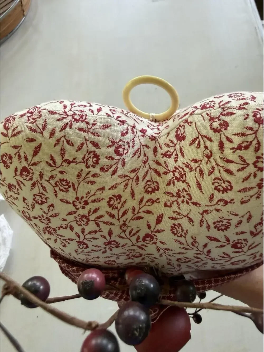 Primitive Country Fabric Heart w/berries/ bell Farmhouse country patriotic